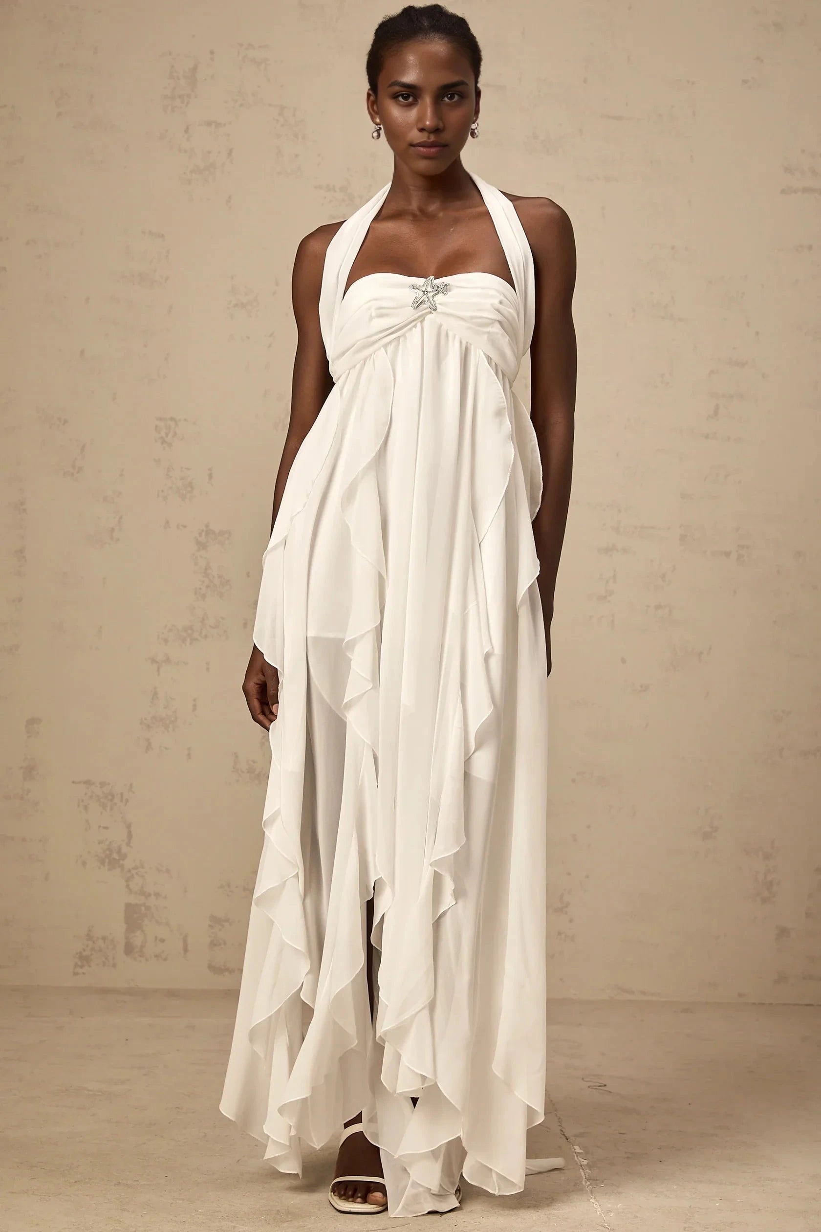 White Halter Neck Ruffled Open - Back Maxi Dress White Chiffon Ruffle Halterneck Maxi Dress Evening Dress by YiHuiw