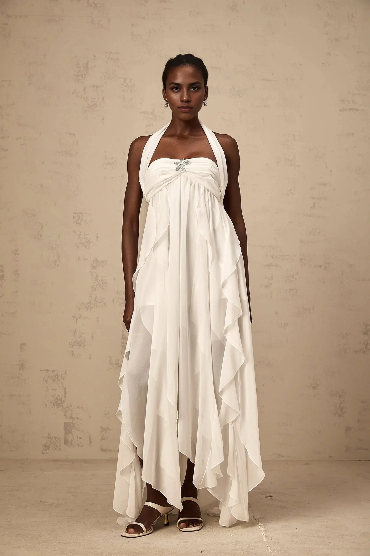 White Halter Neck Ruffled Open - Back Maxi Dress White Chiffon Ruffle Halterneck Maxi Dress Evening Dress by YiHuiw