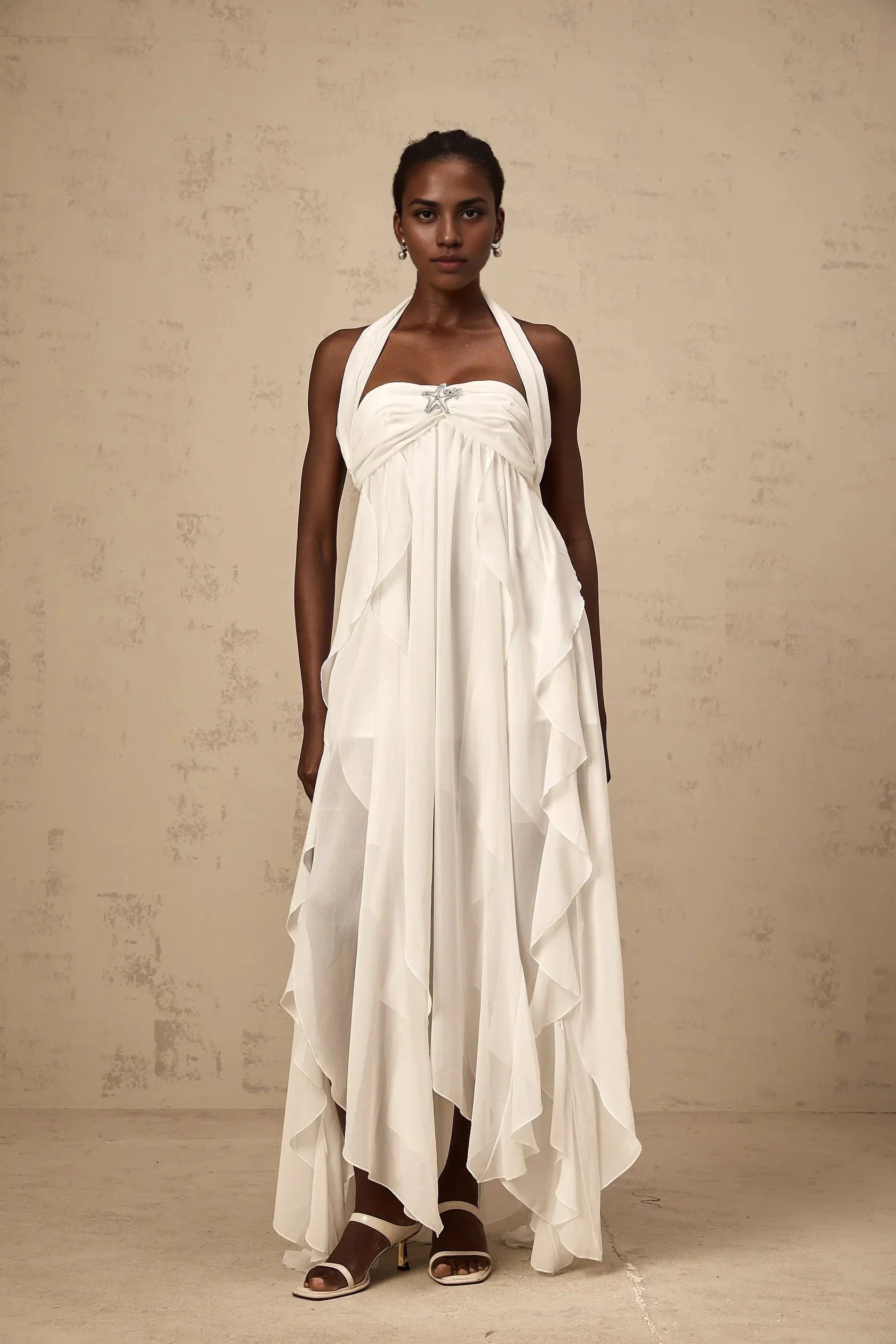 White Halter Neck Ruffled Open - Back Maxi Dress White Chiffon Ruffle Halterneck Maxi Dress Evening Dress by YiHuiw