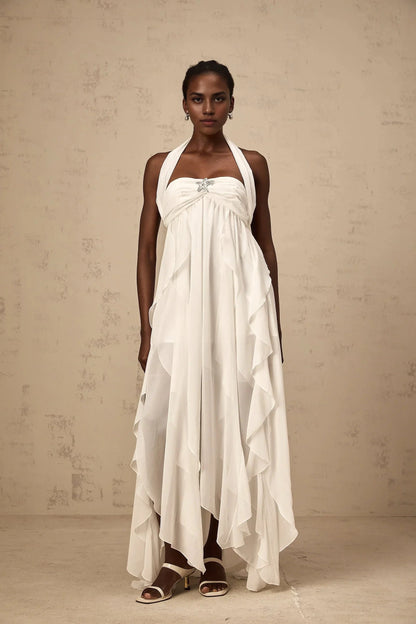 White Halter Neck Ruffled Open - Back Maxi Dress White Chiffon Ruffle Halterneck Maxi Dress Evening Dress by YiHuiw