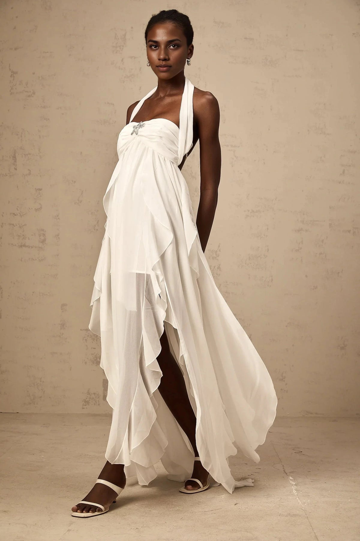 White Halter Neck Ruffled Open - Back Maxi Dress White Chiffon Ruffle Halterneck Maxi Dress Evening Dress by YiHuiw
