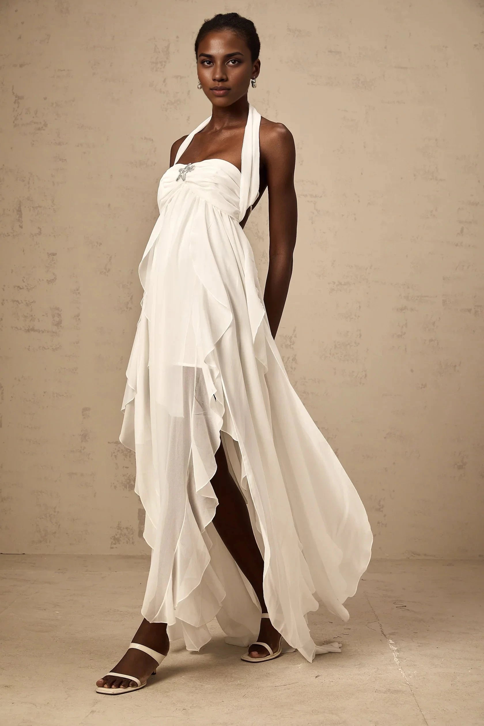 White Halter Neck Ruffled Open - Back Maxi Dress White Chiffon Ruffle Halterneck Maxi Dress Evening Dress by YiHuiw