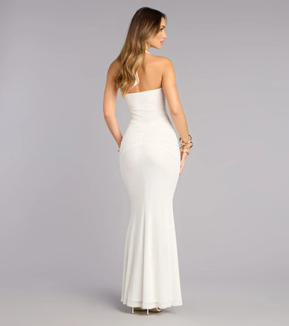 White Mermaid Halter Mesh Ruched Floor-Length Wedding Dress - Yihuiw by Yihuiw