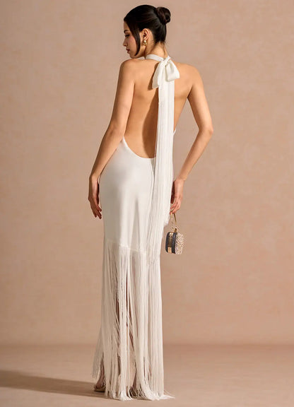 White Halter Satin Open Back Floor-Length Wedding Dress - Yihuiw by Yihuiw