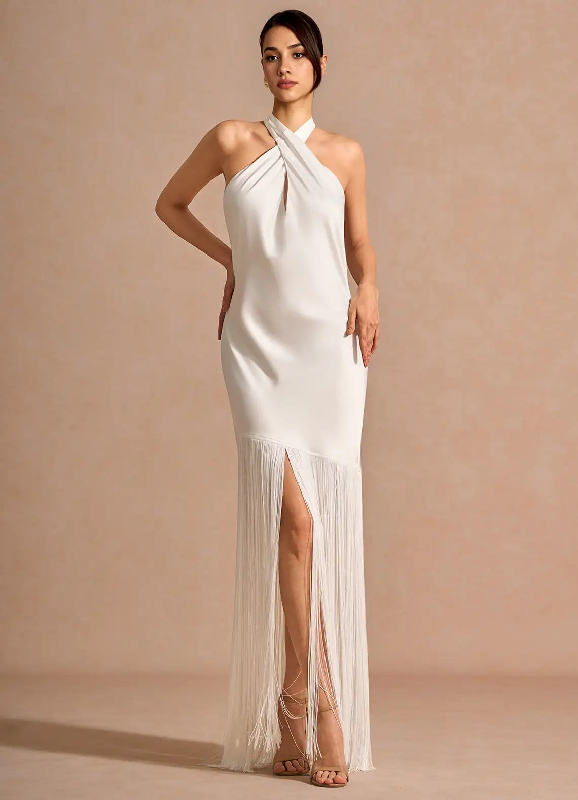 White Halter Satin Open Back Floor-Length Wedding Dress - Yihuiw by Yihuiw