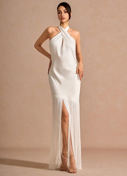 White Halter Satin Open Back Floor-Length Wedding Dress - Yihuiw by Yihuiw