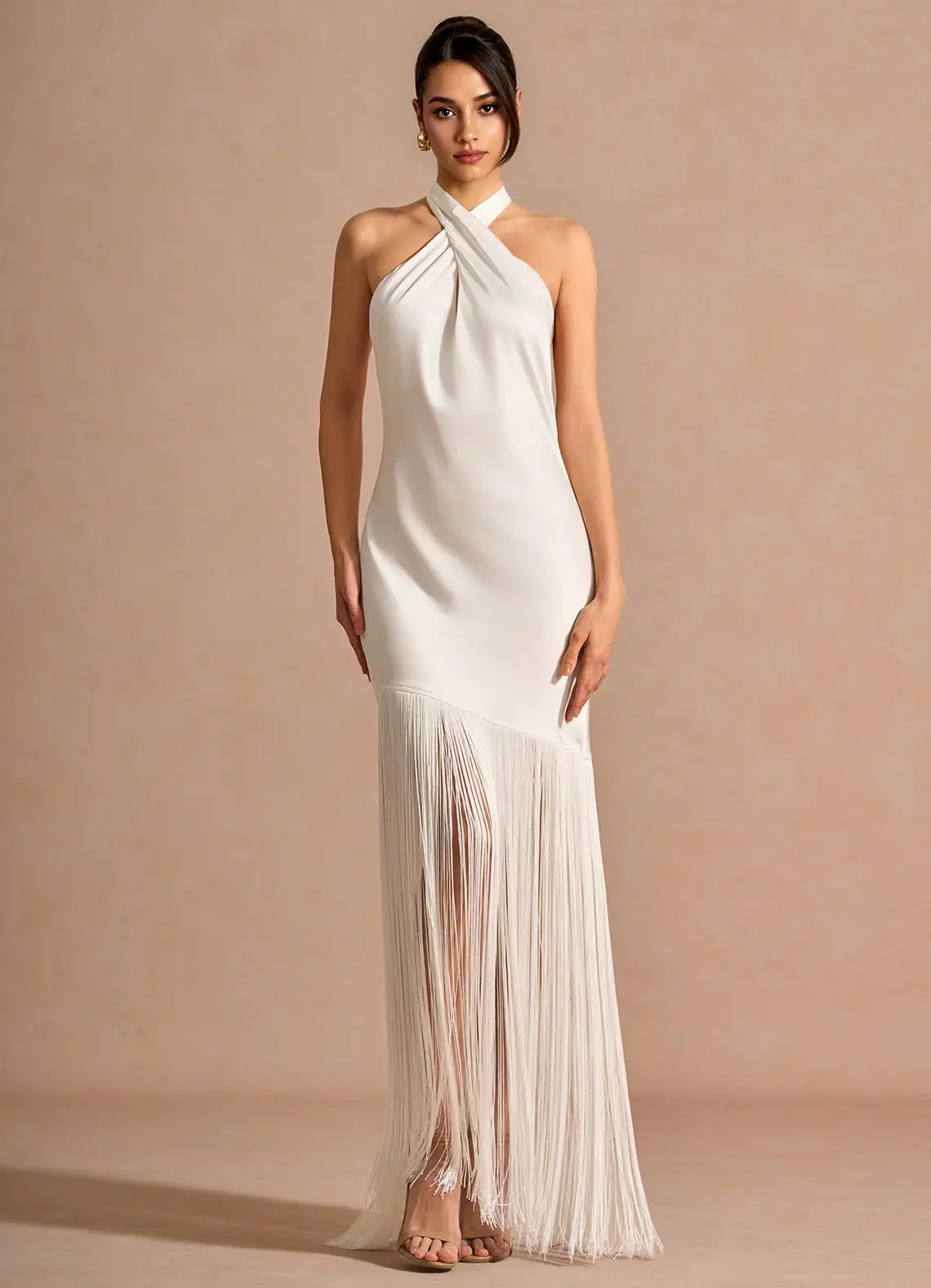 White Halter Satin Open Back Floor-Length Wedding Dress - Yihuiw by Yihuiw