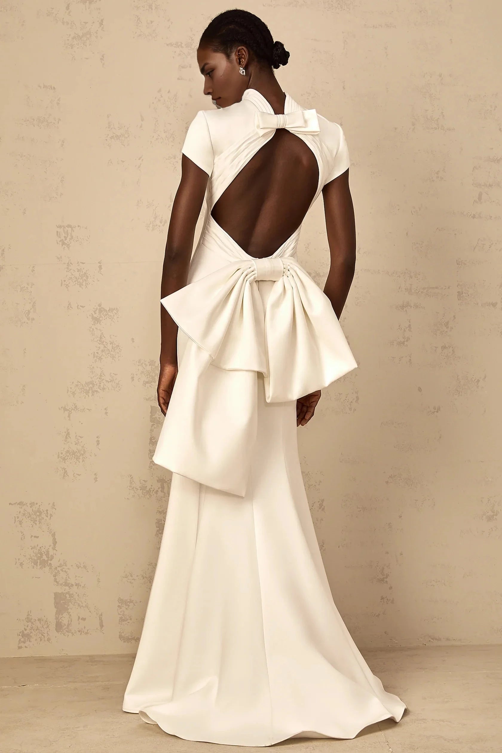 White High Neck Open Back Maxi Dress with Bow Detail Camille White Statement Bow Mermaid Maxi Dress Evening Dress by YiHuiw