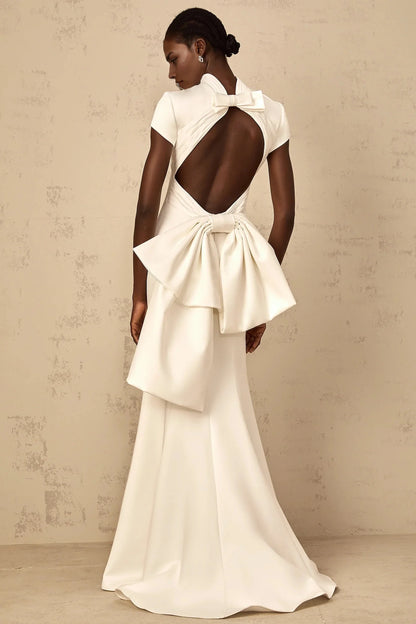 White High Neck Open Back Maxi Dress with Bow Detail Camille White Statement Bow Mermaid Maxi Dress Evening Dress by YiHuiw