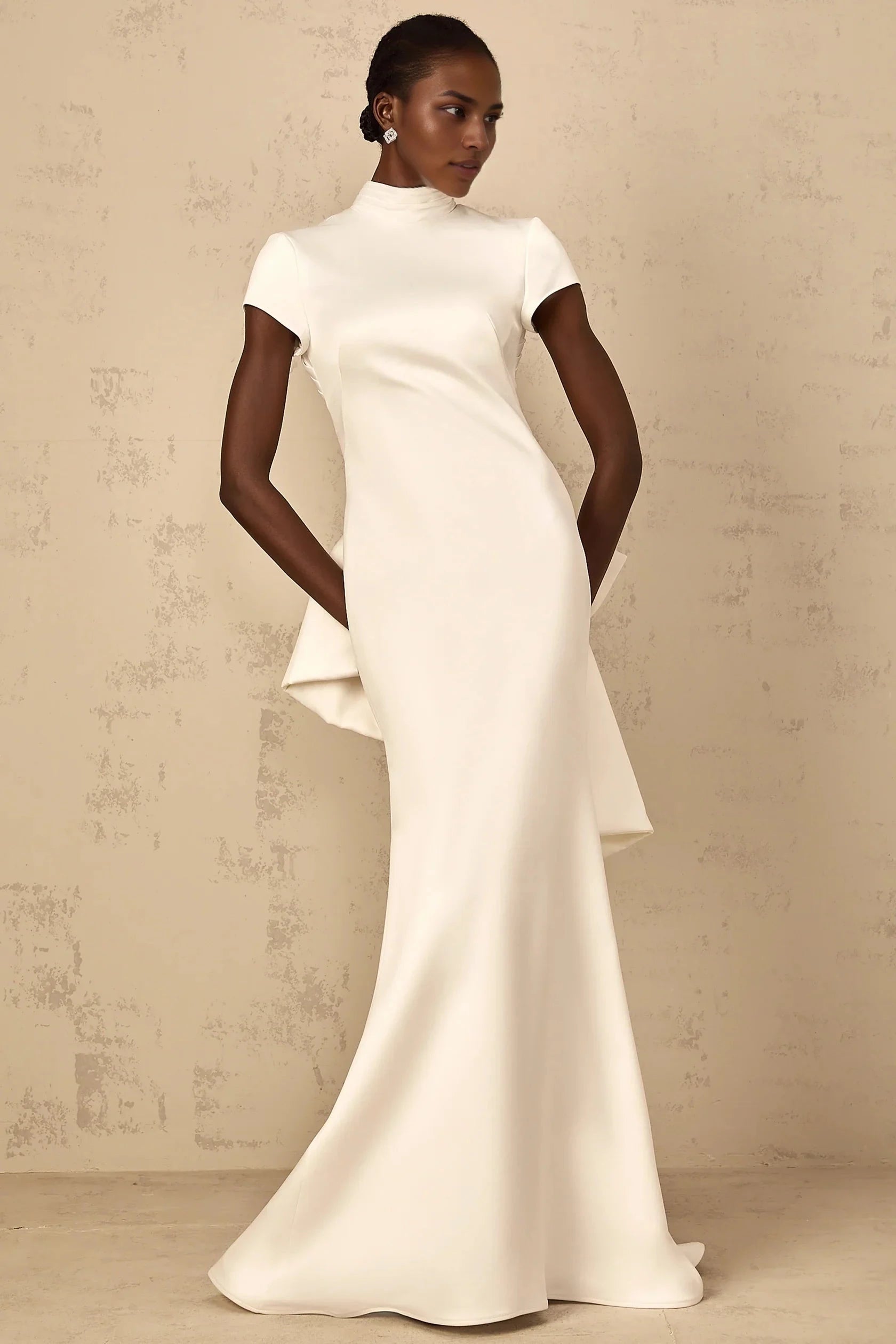 White High Neck Open Back Maxi Dress with Bow Detail Camille White Statement Bow Mermaid Maxi Dress Evening Dress by YiHuiw