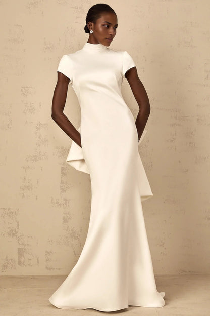 White High Neck Open Back Maxi Dress with Bow Detail Camille White Statement Bow Mermaid Maxi Dress Evening Dress by YiHuiw