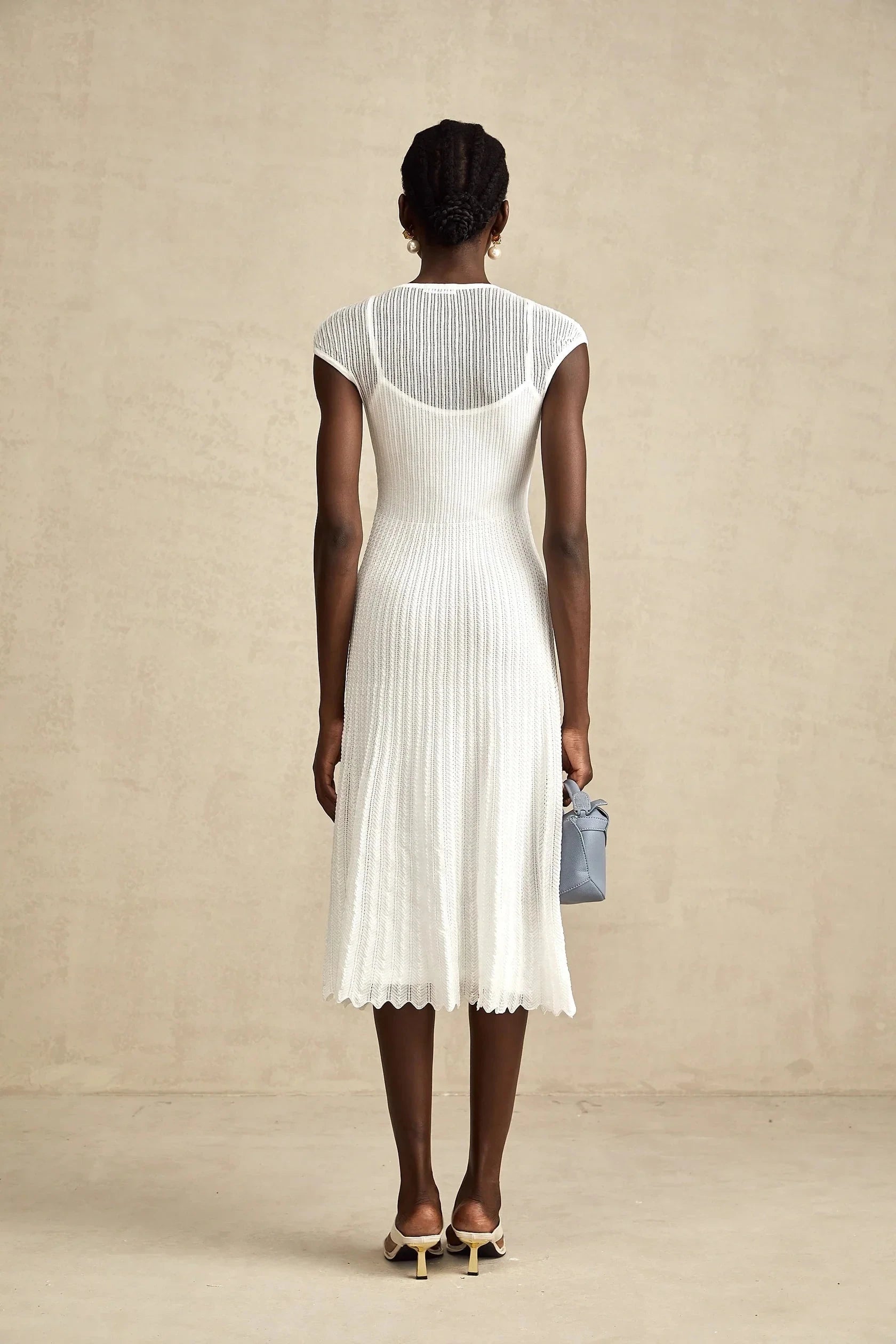 White Knit Cap Sleeve Midi Dress white scallop-hem semi-sheer midi dress Evening Dress by YiHuiw