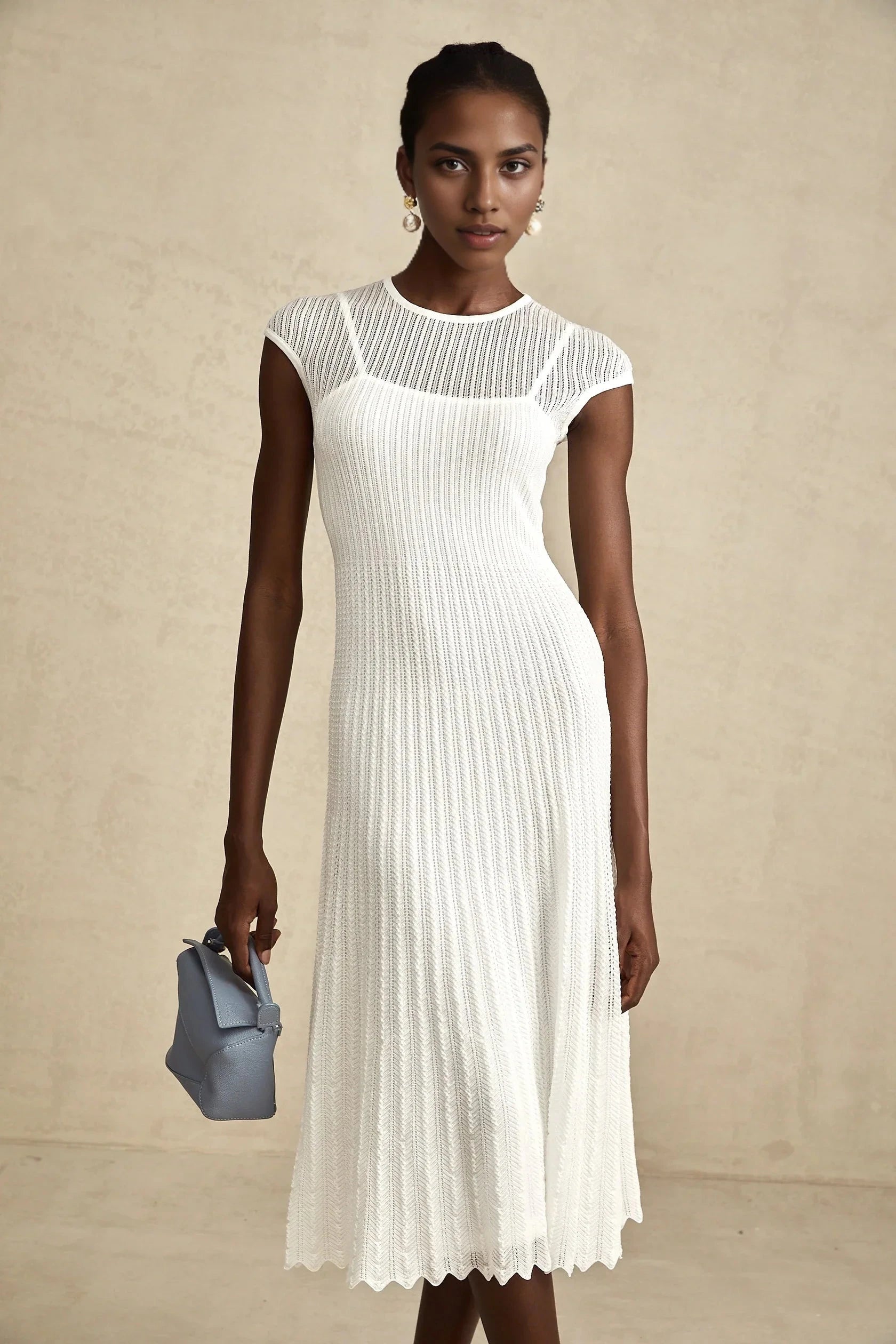 White Knit Cap Sleeve Midi Dress white scallop-hem semi-sheer midi dress Evening Dress by YiHuiw