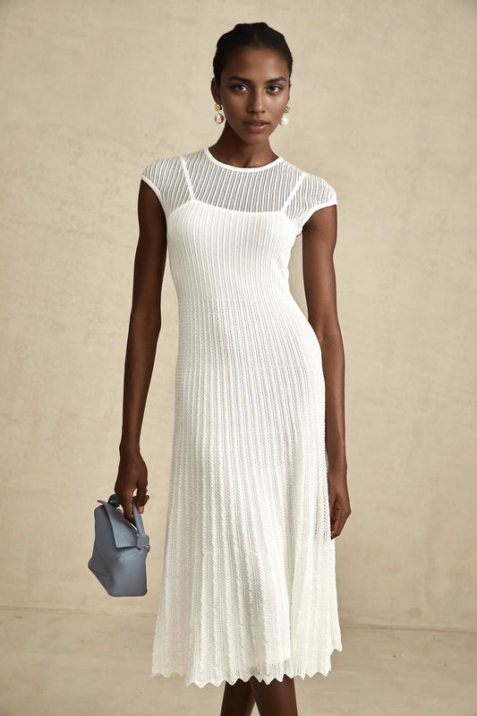 White Knit Cap Sleeve Midi Dress white scallop-hem semi-sheer midi dress Evening Dress by YiHuiw