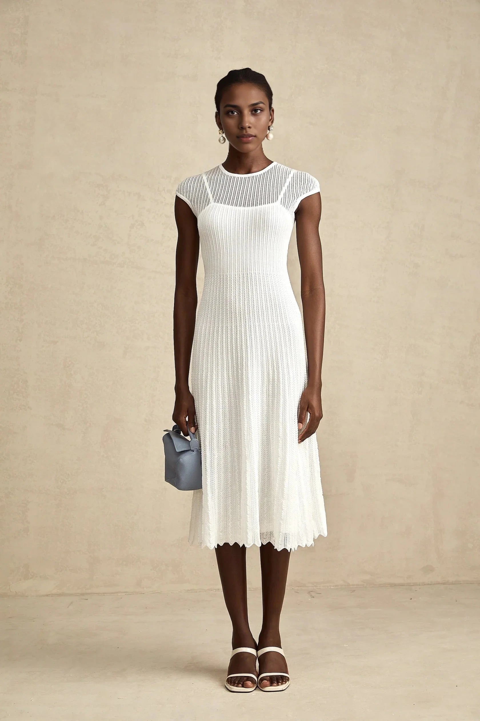 White Knit Cap Sleeve Midi Dress white scallop-hem semi-sheer midi dress Evening Dress by YiHuiw