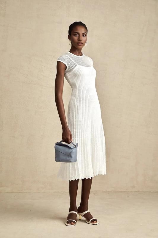 White Knit Cap Sleeve Midi Dress white scallop-hem semi-sheer midi dress Evening Dress by YiHuiw