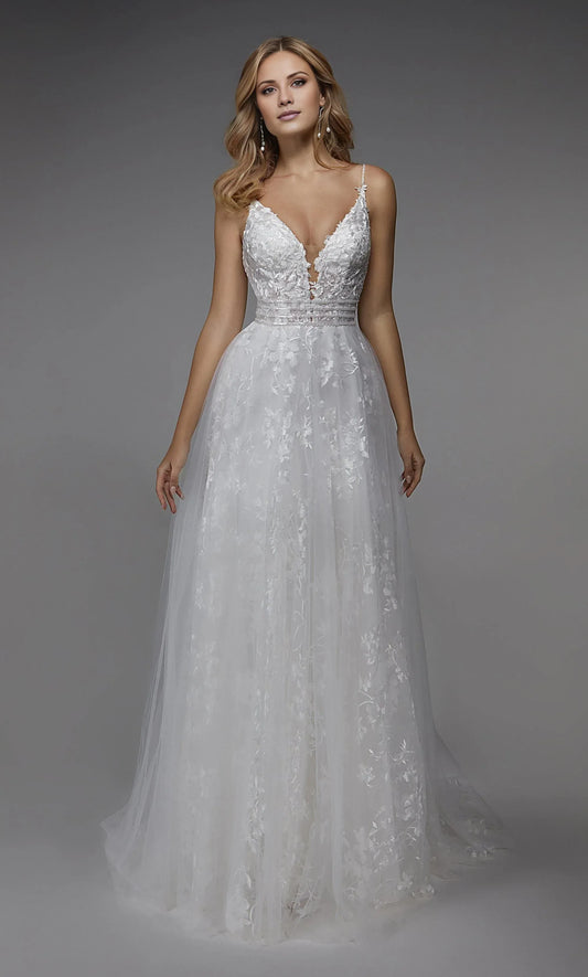 White A-Line Spaghetti Strap Lace Train Wedding Dress - Yihuiw by Yihuiw