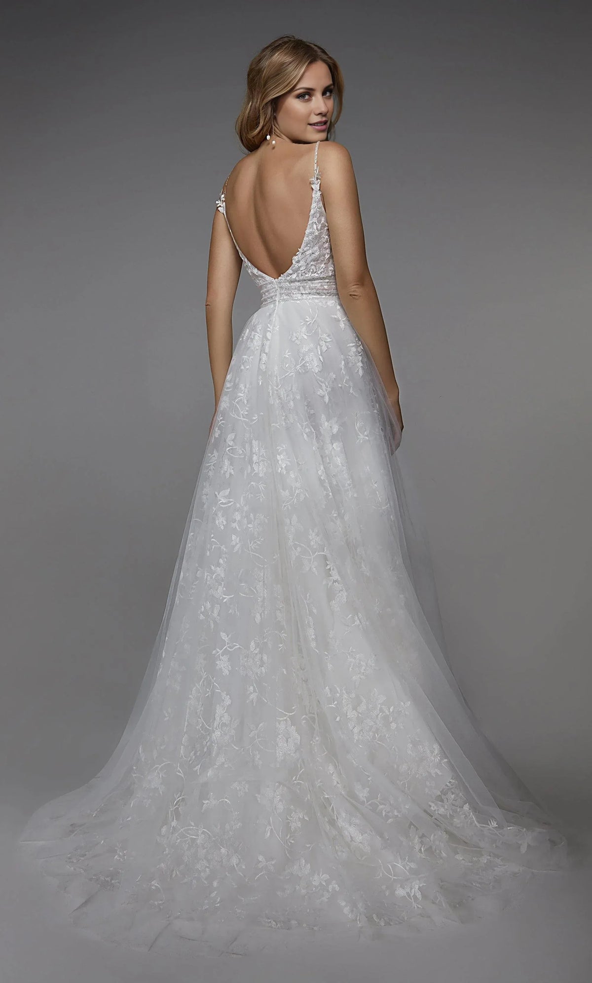 White A-Line Spaghetti Strap Lace Train Wedding Dress - Yihuiw by Yihuiw