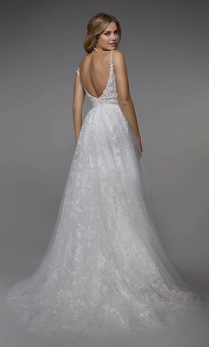 White A-Line Spaghetti Strap Lace Train Wedding Dress - Yihuiw by Yihuiw
