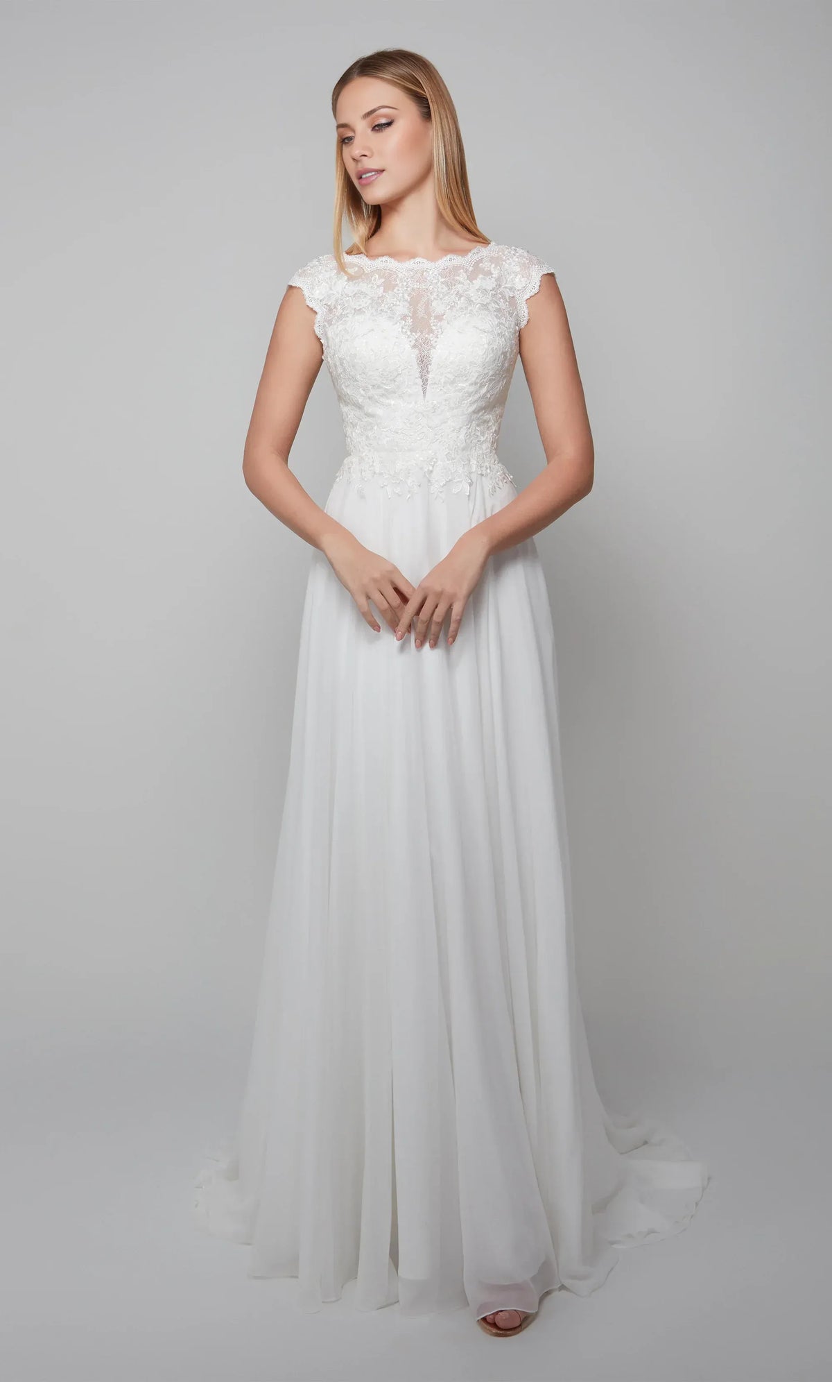 White A-Line Illusion Chiffon Cap Sleeve Wedding Dress - Yihuiw by Yihuiw