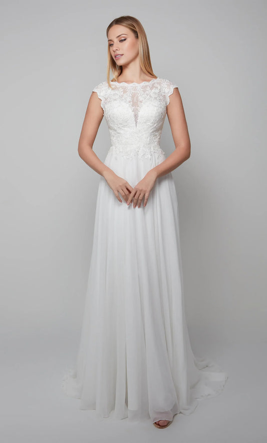 White A-Line Illusion Chiffon Cap Sleeve Wedding Dress - Yihuiw by Yihuiw