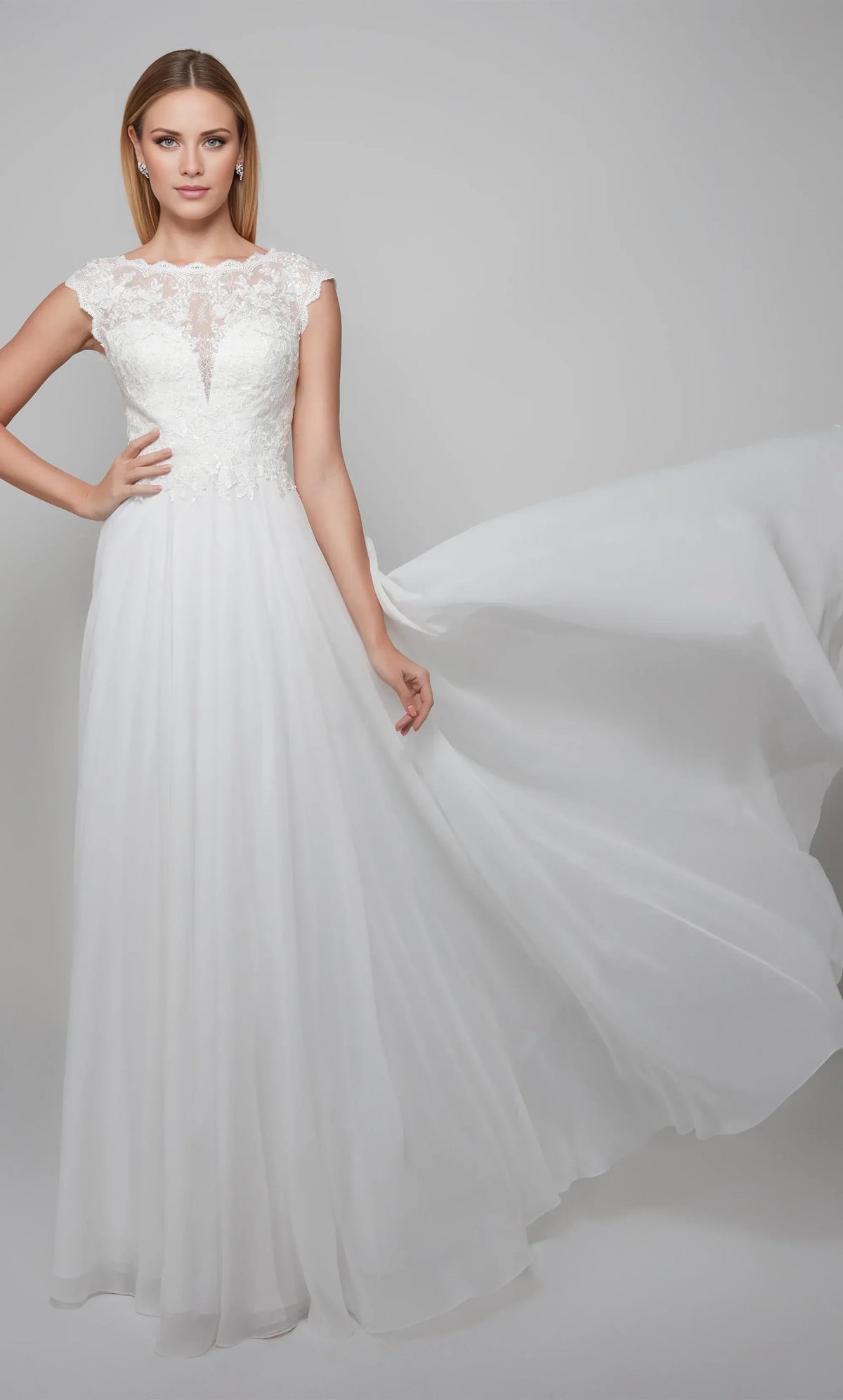 White A-Line Illusion Chiffon Cap Sleeve Wedding Dress - Yihuiw by Yihuiw
