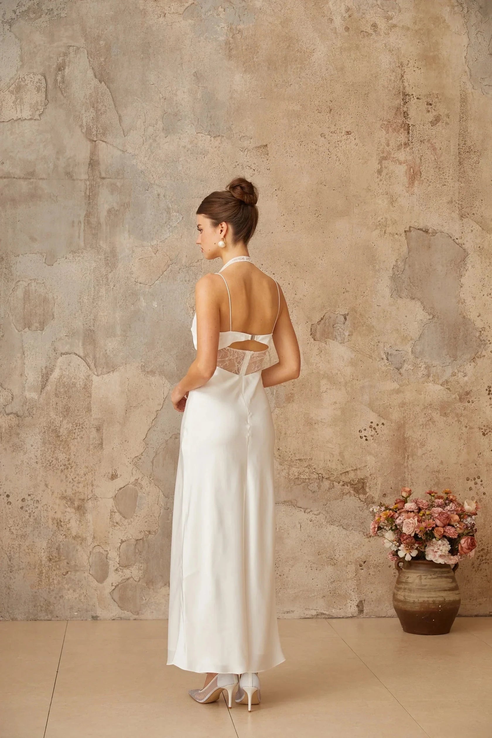 White Lace Cut - Out Halter Neck Maxi Dress Blanche white lace-panel satin maxi dress Evening Dress by YiHuiw