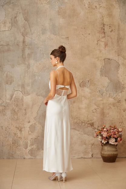 White Lace Cut - Out Halter Neck Maxi Dress Blanche white lace-panel satin maxi dress Evening Dress by YiHuiw