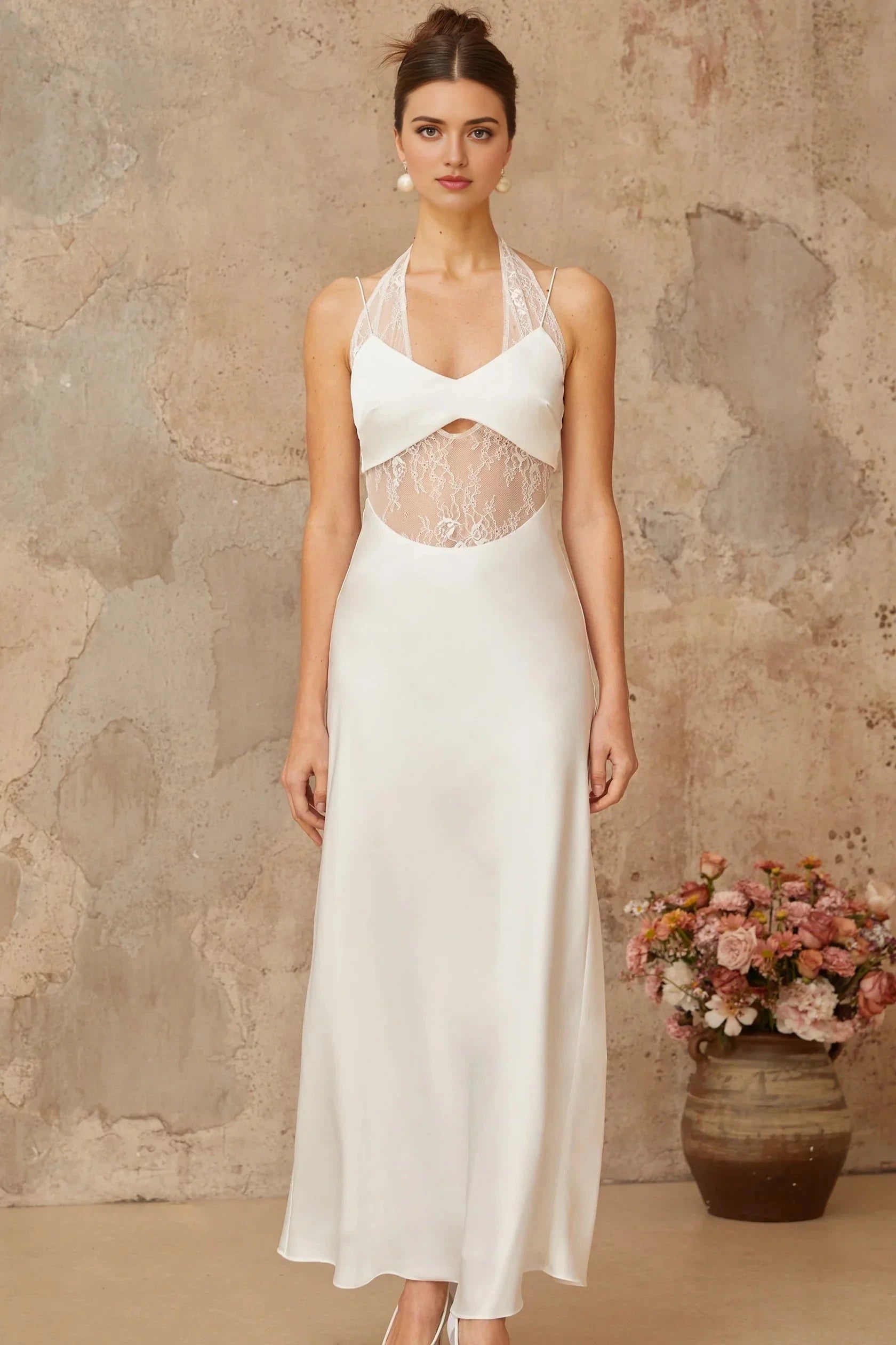 White Lace Cut - Out Halter Neck Maxi Dress Blanche white lace-panel satin maxi dress Evening Dress by YiHuiw