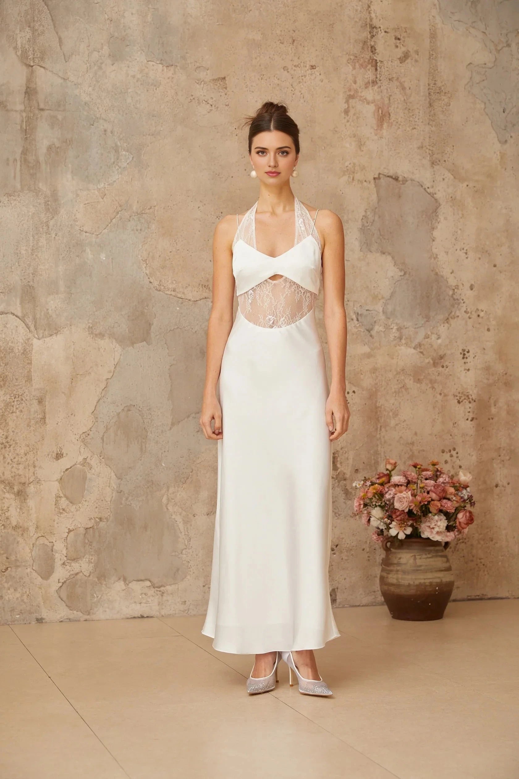 White Lace Cut - Out Halter Neck Maxi Dress Blanche white lace-panel satin maxi dress Evening Dress by YiHuiw