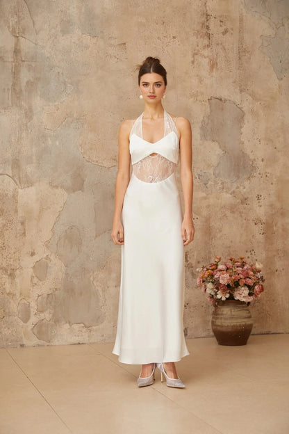 White Lace Cut - Out Halter Neck Maxi Dress Blanche white lace-panel satin maxi dress Evening Dress by YiHuiw