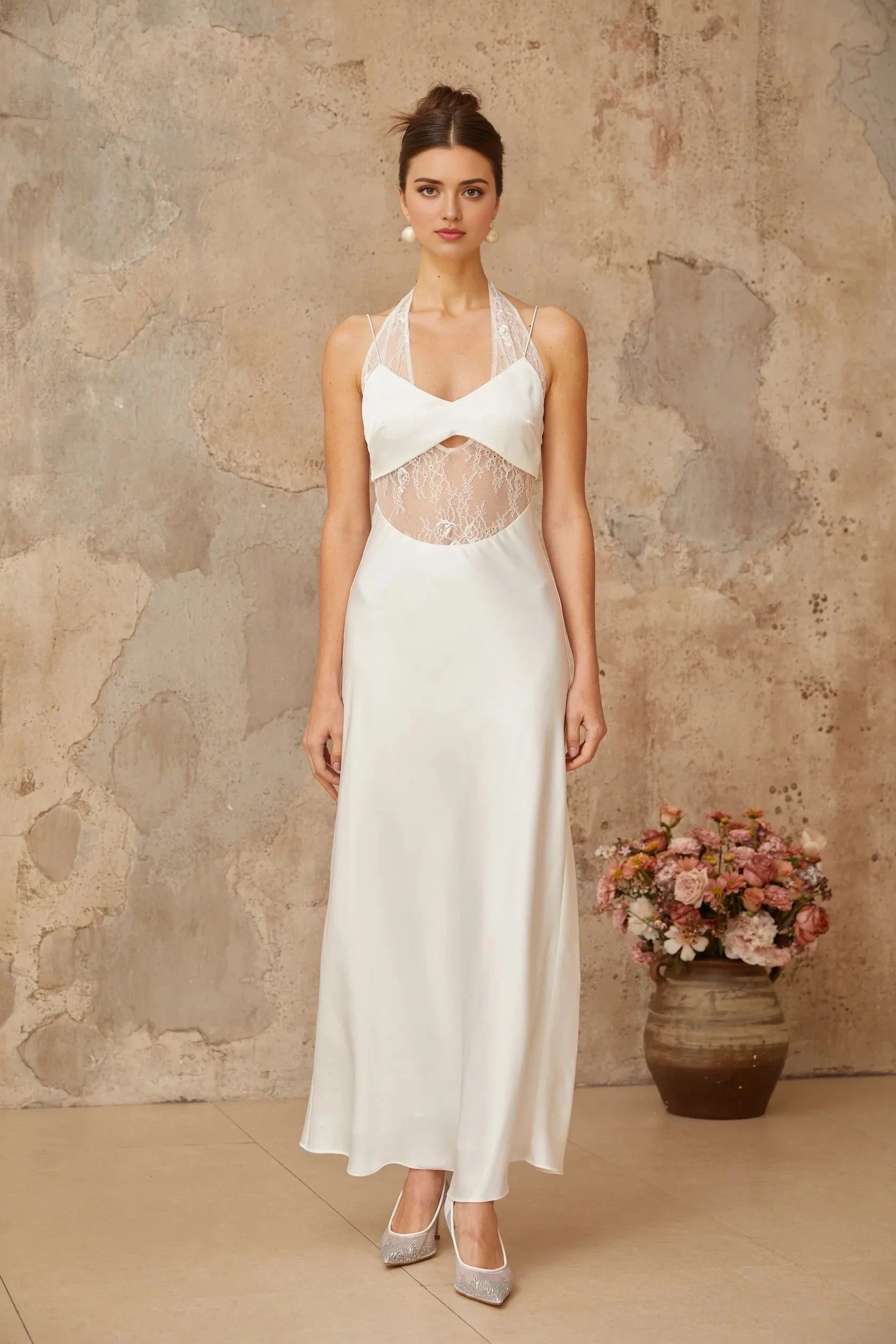 White Lace Cut - Out Halter Neck Maxi Dress Blanche white lace-panel satin maxi dress Evening Dress by YiHuiw