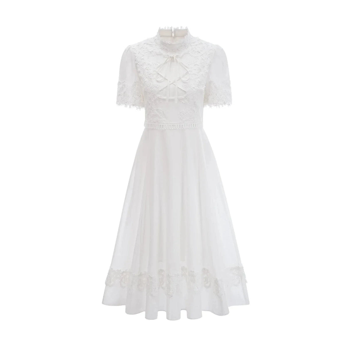 White Lace - Detailed Midi Dress with Tie Neck Patricia white floral-lace midi dress Evening Dress by YiHuiw