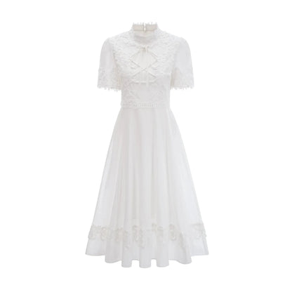 White Lace - Detailed Midi Dress with Tie Neck Patricia white floral-lace midi dress Evening Dress by YiHuiw