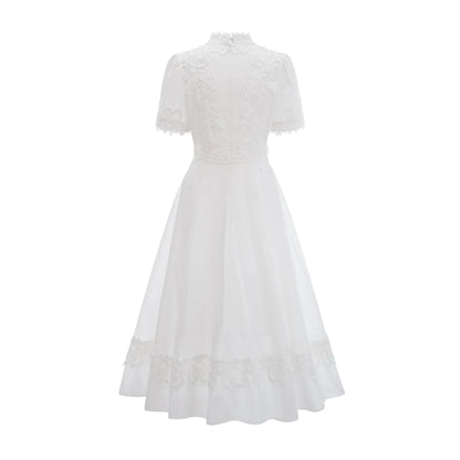 White Lace - Detailed Midi Dress with Tie Neck Patricia white floral-lace midi dress Evening Dress by YiHuiw