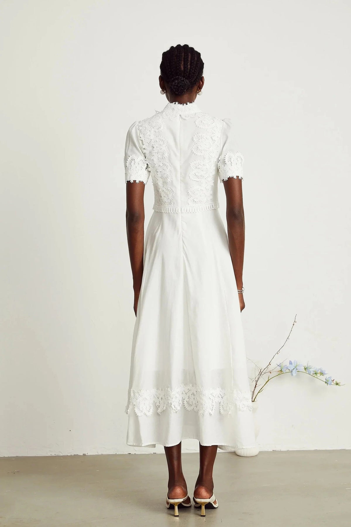 White Lace - Detailed Midi Dress with Tie Neck Patricia white floral-lace midi dress Evening Dress by YiHuiw