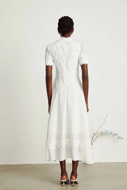 White Lace - Detailed Midi Dress with Tie Neck Patricia white floral-lace midi dress Evening Dress by YiHuiw