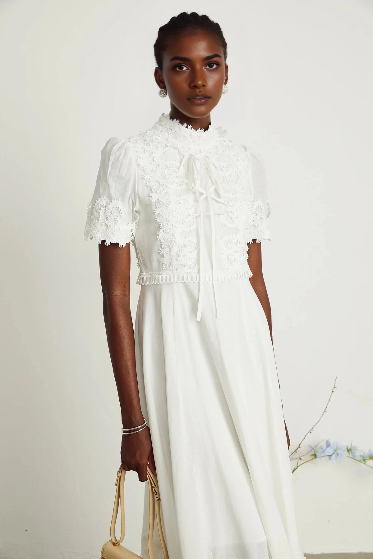 White Lace - Detailed Midi Dress with Tie Neck Patricia white floral-lace midi dress Evening Dress by YiHuiw