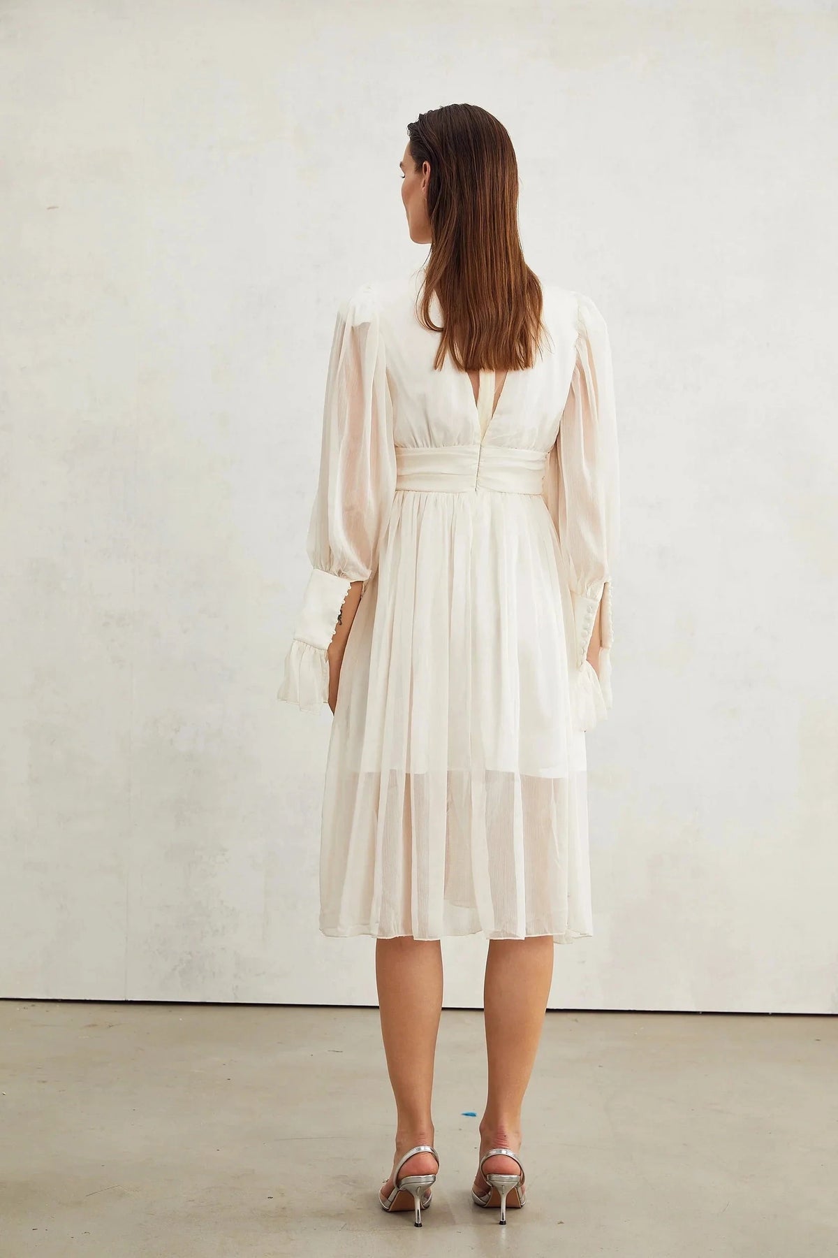 White Lace Embellished High - Neck Midi Dress Mirage lace-detail embellished dress Evening Dress by YiHuiw