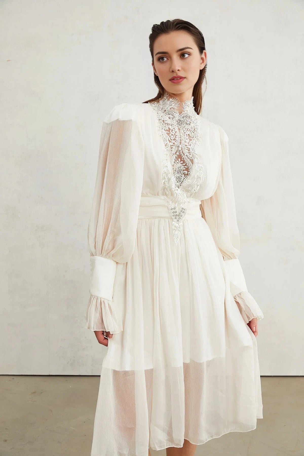 White Lace Embellished High - Neck Midi Dress Mirage lace-detail embellished dress Evening Dress by YiHuiw