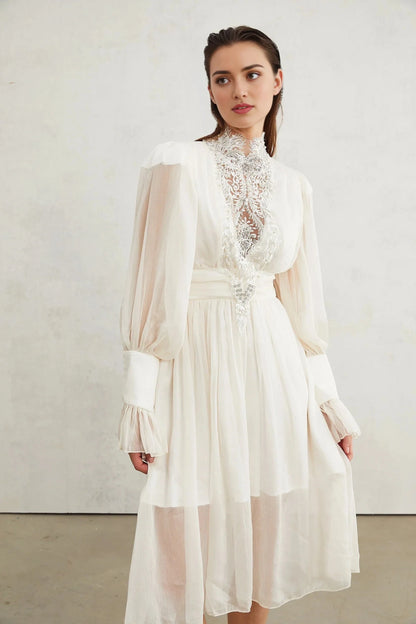White Lace Embellished High - Neck Midi Dress Mirage lace-detail embellished dress Evening Dress by YiHuiw