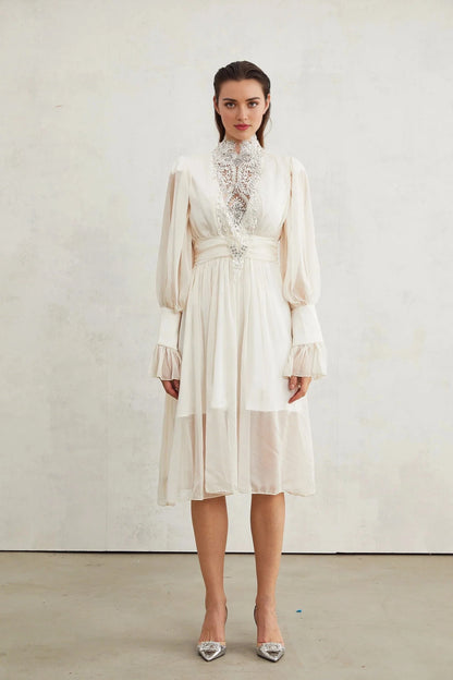 White Lace Embellished High - Neck Midi Dress Mirage lace-detail embellished dress Evening Dress by YiHuiw