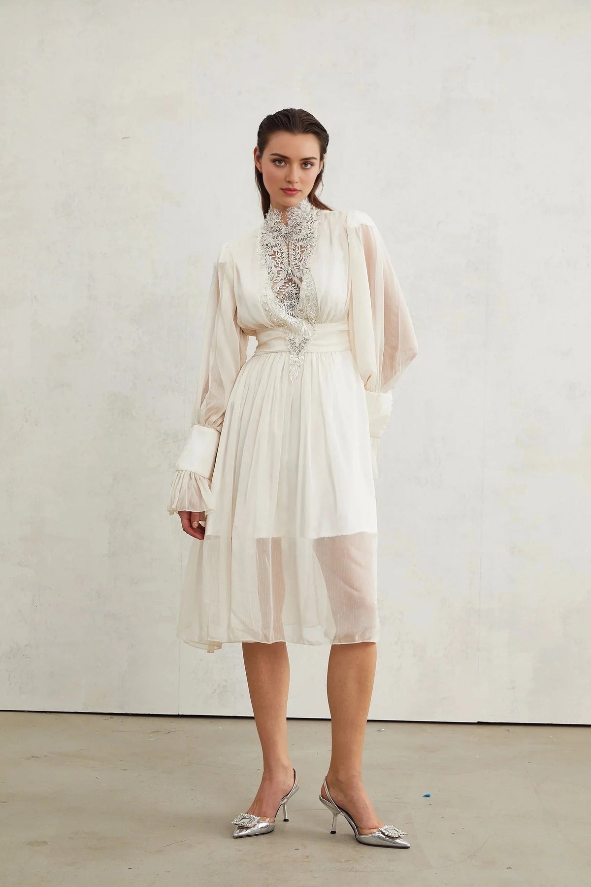 White Lace Embellished High - Neck Midi Dress Mirage lace-detail embellished dress Evening Dress by YiHuiw