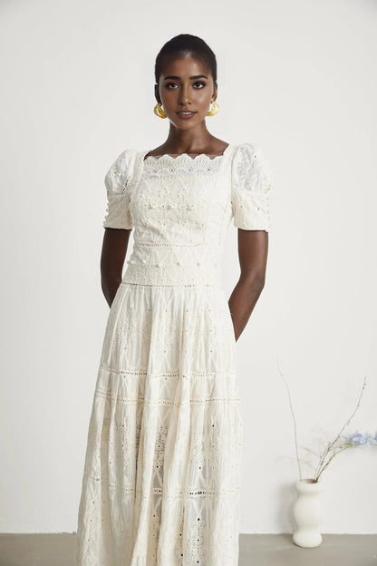 White Lace Puff Sleeve Midi Dress faux-pearl embellished cut-out midi dress Evening Dress by YiHuiw