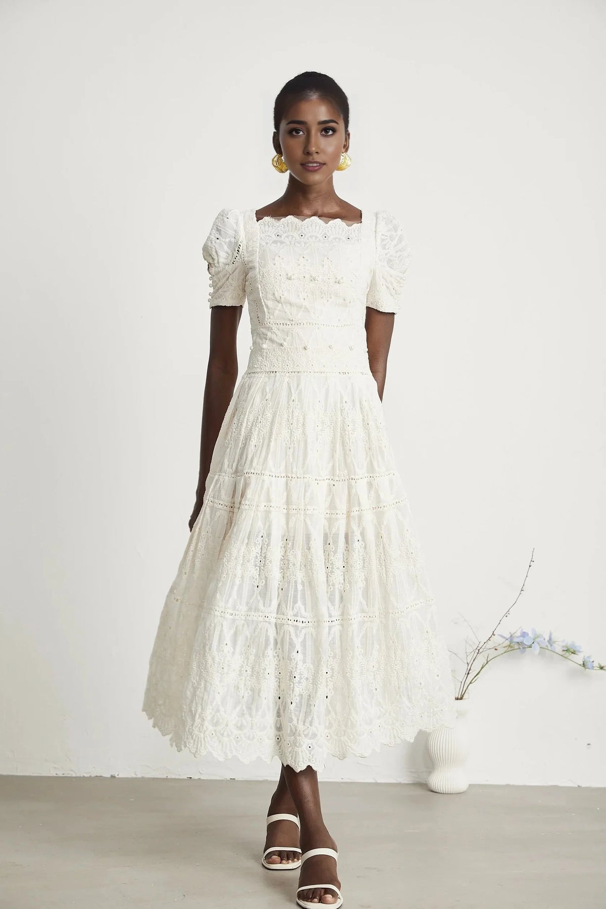 White Lace Puff Sleeve Midi Dress faux-pearl embellished cut-out midi dress Evening Dress by YiHuiw