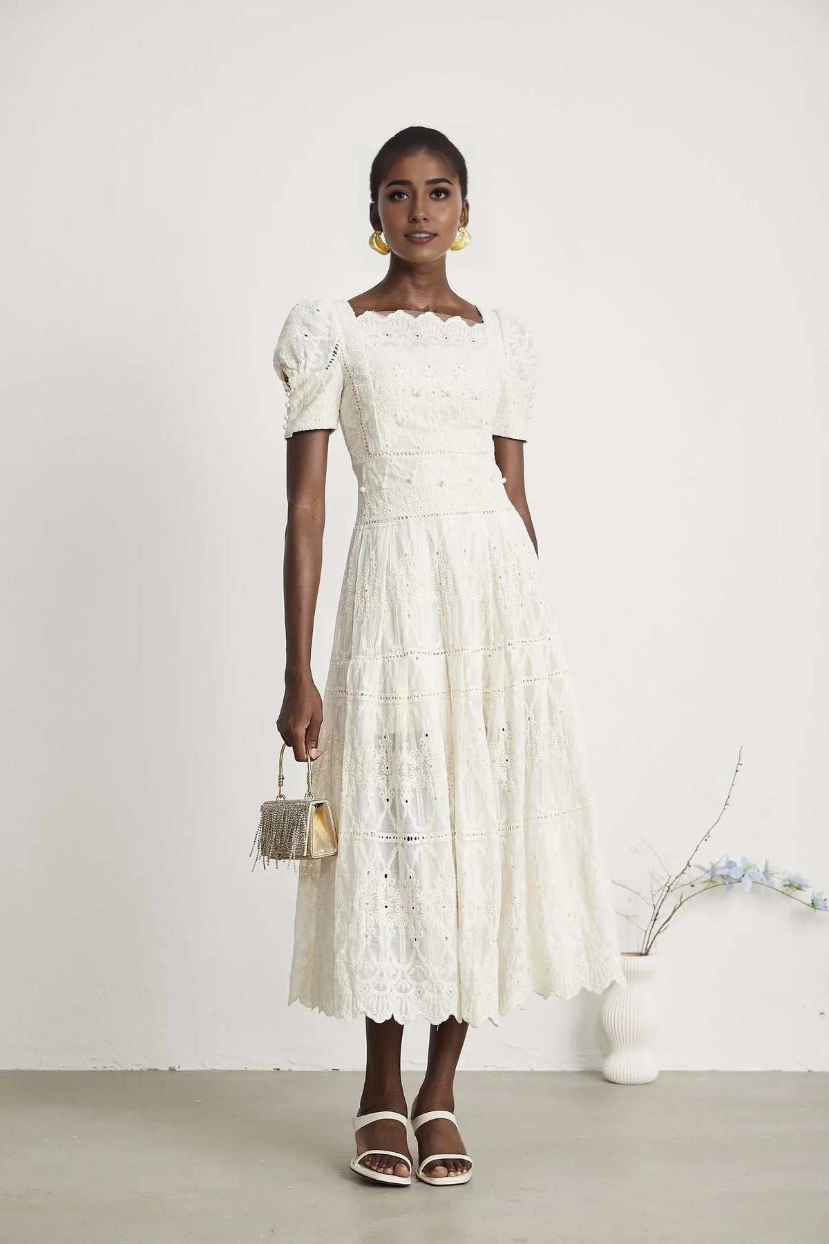 White Lace Puff Sleeve Midi Dress faux-pearl embellished cut-out midi dress Evening Dress by YiHuiw