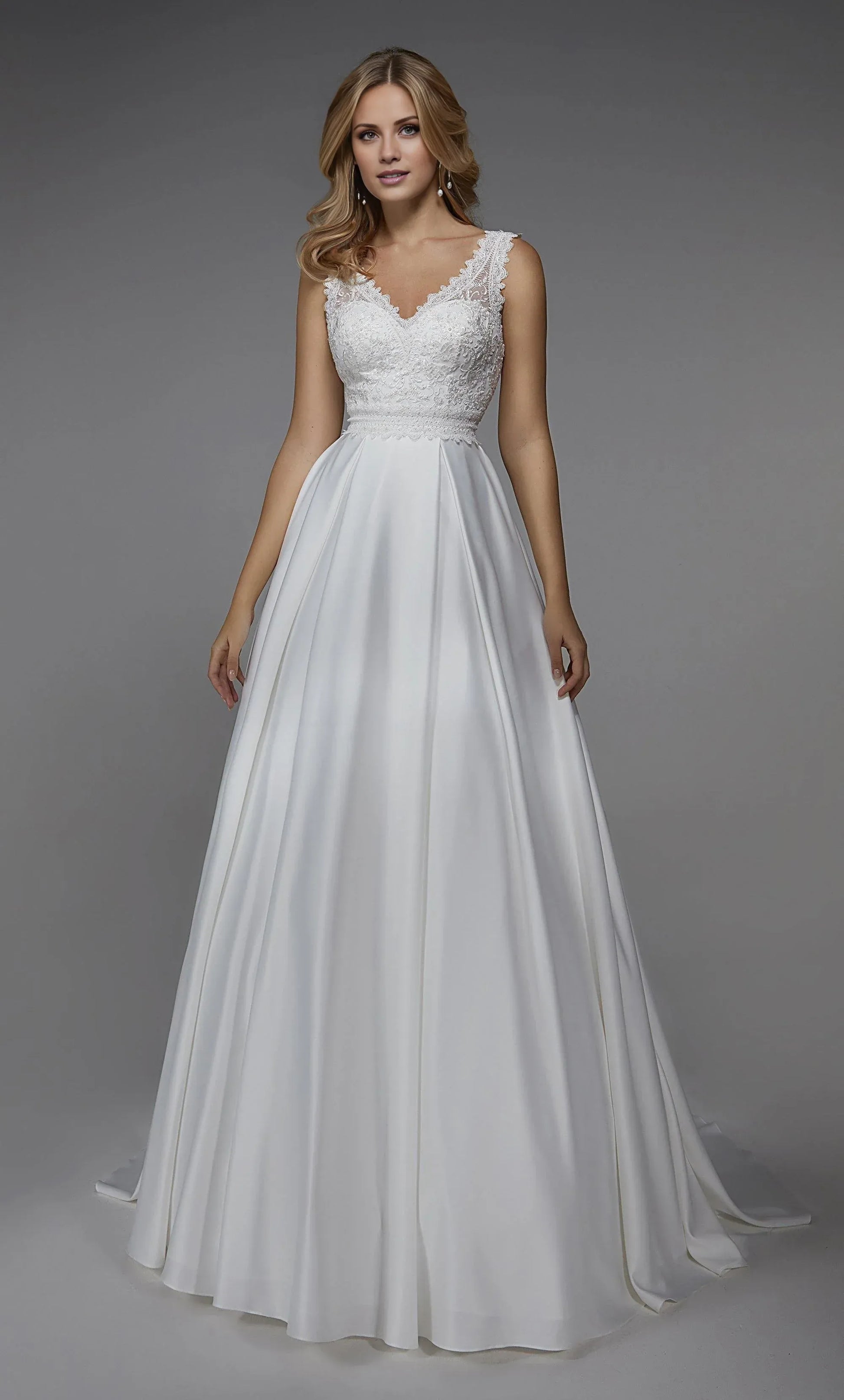 White A-Line V-Neck Satin Sleeveless Train Wedding Dress - Yihuiw by Yihuiw