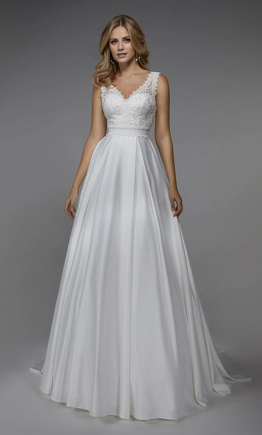 White A-Line V-Neck Satin Sleeveless Train Wedding Dress - Yihuiw by Yihuiw