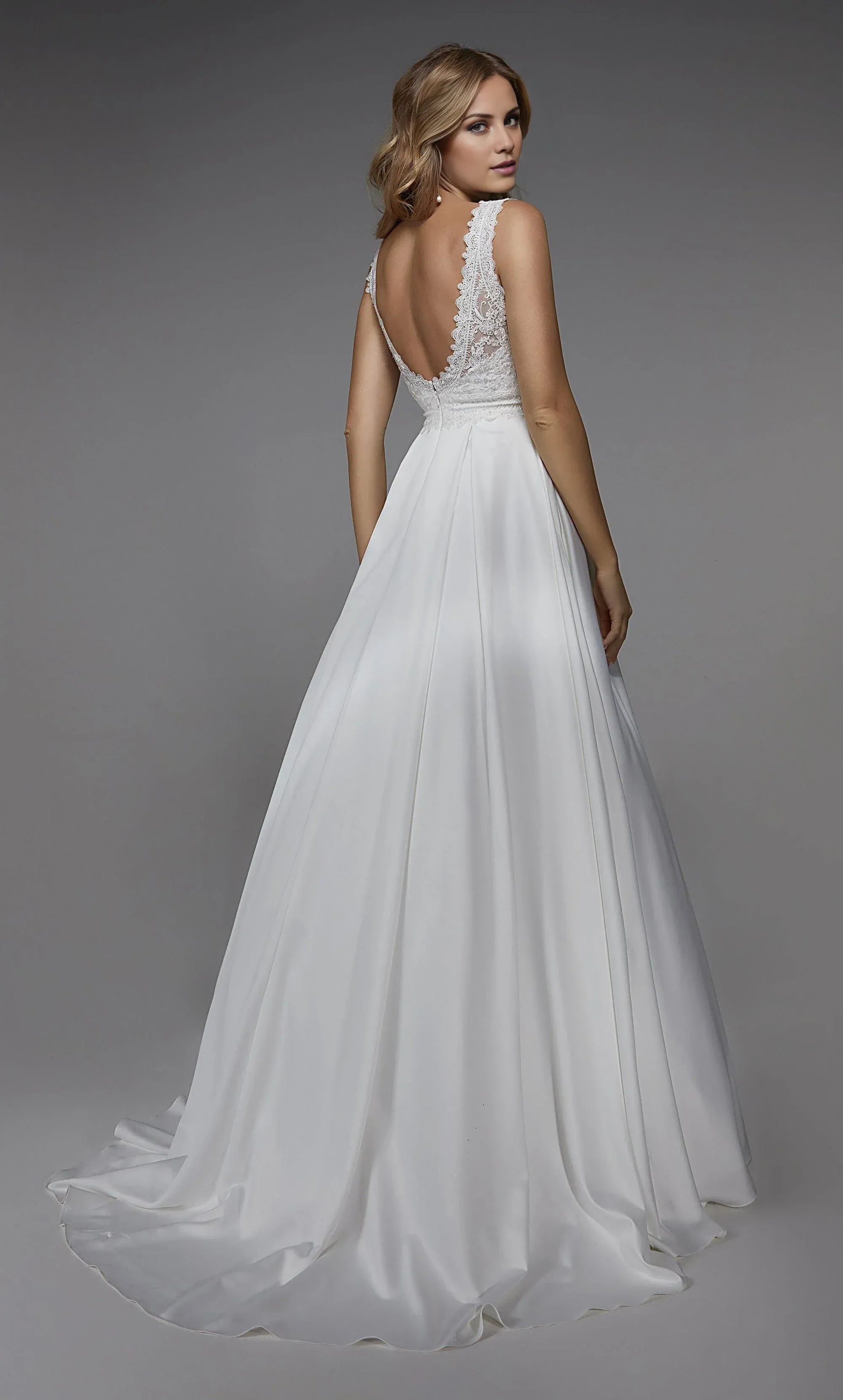 White A-Line V-Neck Satin Sleeveless Train Wedding Dress - Yihuiw by Yihuiw