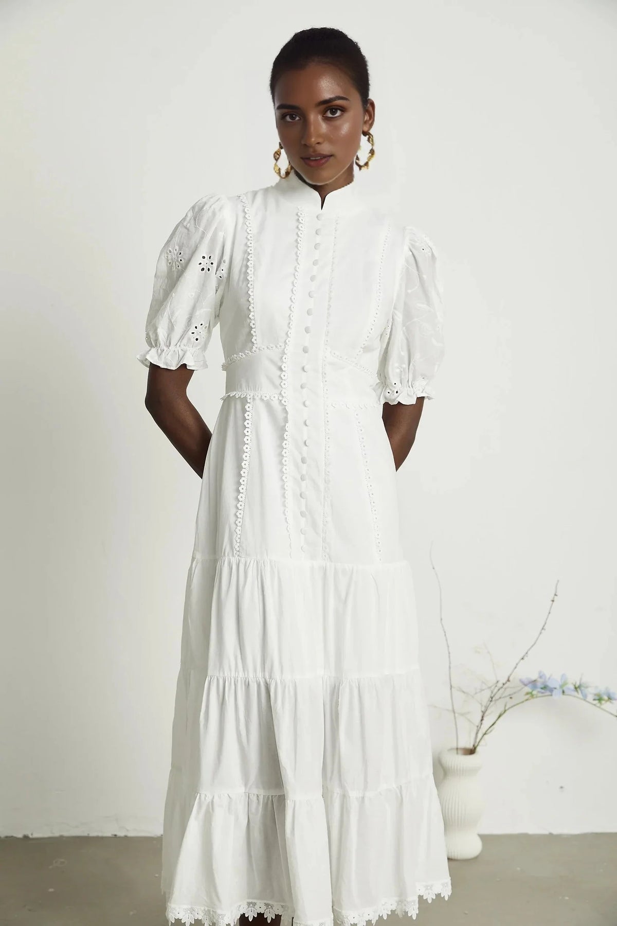 White Lace Trim Puff Sleeve Tiered Midi Dress lace floral-embroidered midi dress Evening Dress by YiHuiw